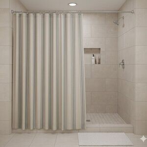 VHC Brand FARMERS MARKET APRIL&OLIVE shower Curtain Tan Creame And Blue Stripes